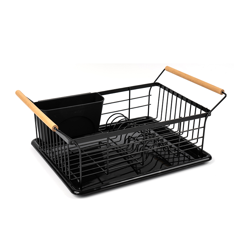 Rak pengering mangkuk dan piring dengan gagang kayu