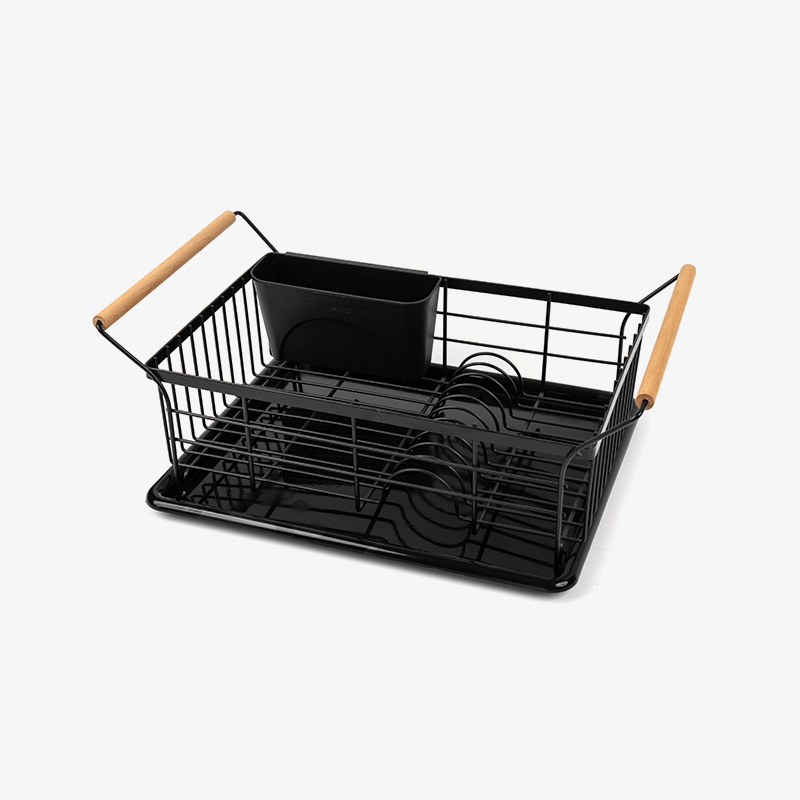 Rak pengering mangkuk dan piring dengan gagang kayu