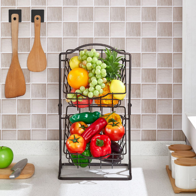 Keranjang Buah Logam 2 Tingkat untuk Meja Dapur